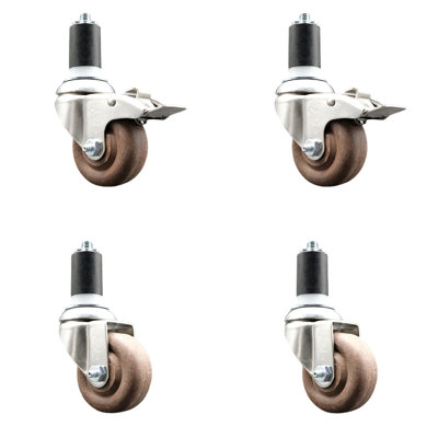 3.5 Inch 316SS High Temp Glass Filled Nylon 1-1/2 Inch Stem Caster Set 2 Brake