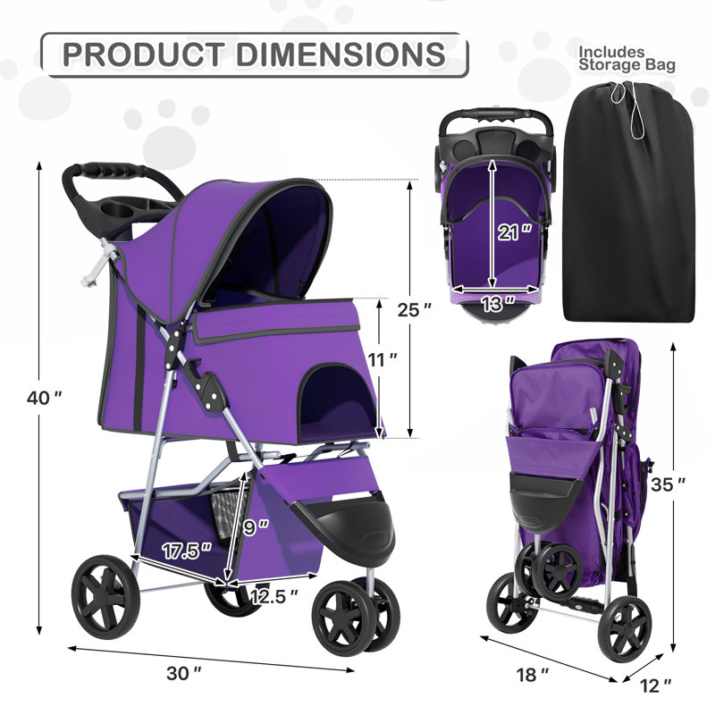 Foldable Pet Stroller, 3 Wheels Folding Carrier Jogger Stroller for Dogs Cats with Canopy and DIY Stickers, Purple/Solid