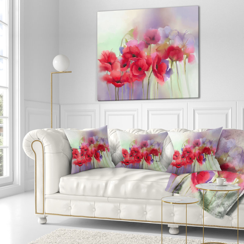 Coussin Watercolor Red Poppy - imprimé floral, 16 po x 1 po, Carré