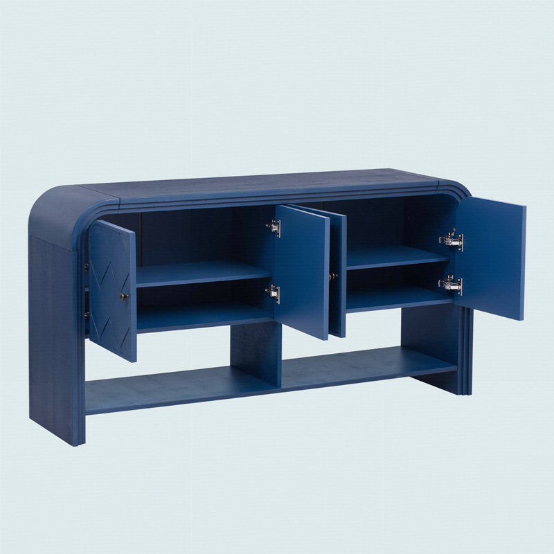 Versatile Console Table With Woven Wood Slats And Solid Wood Veneer, Suitable, Navy Blue/Gold