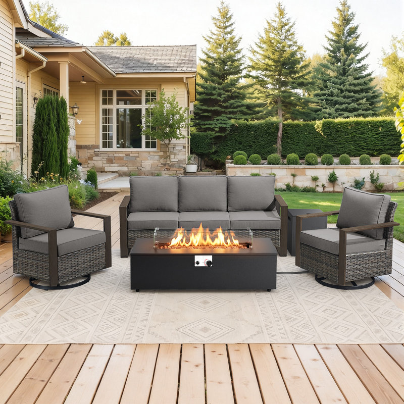 Drazen 5 - Person Patio Furniture Set With Fire Pit Table, All-Weather Wicker Outdoor Conversation Set With Chair And Thick Cushions