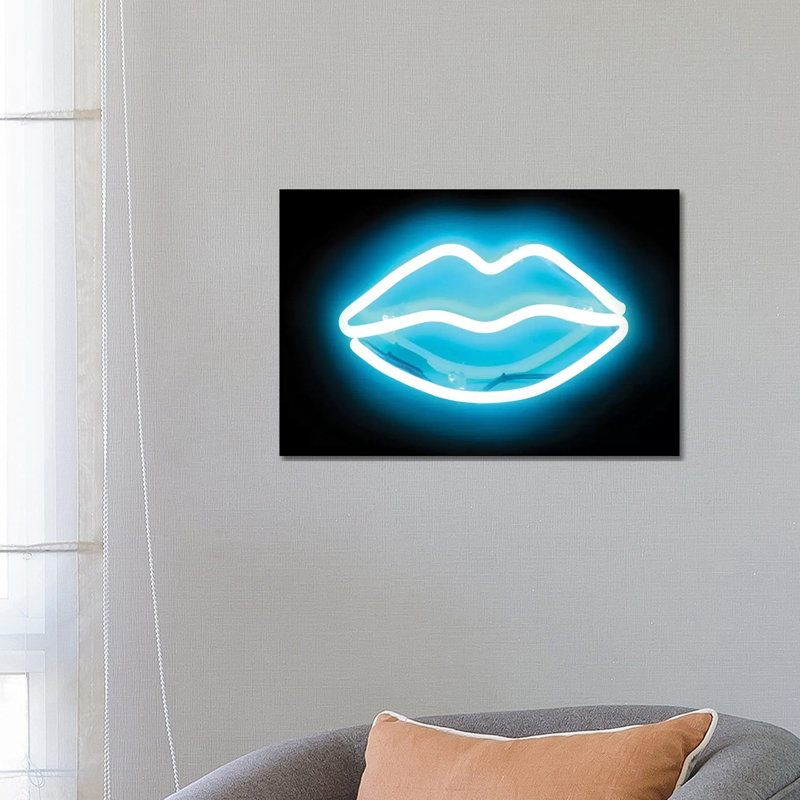 Neon Lips Aqua On Black by Hailey Carr - Print on Canvas, Wrapped Canvas, 66.04 cm H x 45.72 cm W x 1.91 cm D