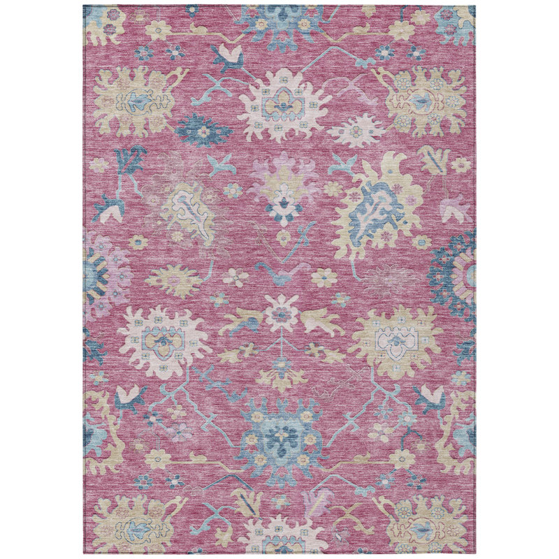 3' X 5' Pink Ivory And Denim Blue Floral Washable Indoor Outdoor Area Rug