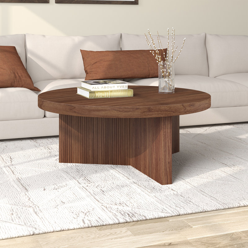 36" Wide Round Coffee Table with Fluted Base — Satin Walnut Scandinavian MDF Centre Table for Living Room | Holm