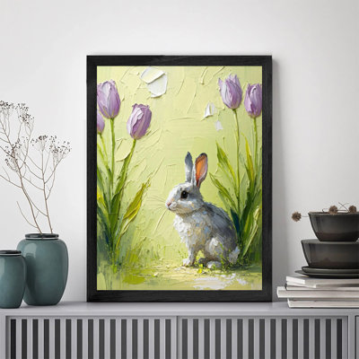 Décoration murale de qualité supérieure en bois massif encadré noir lapin assis herbe élégante pour la décoration intérieure contemporaine
