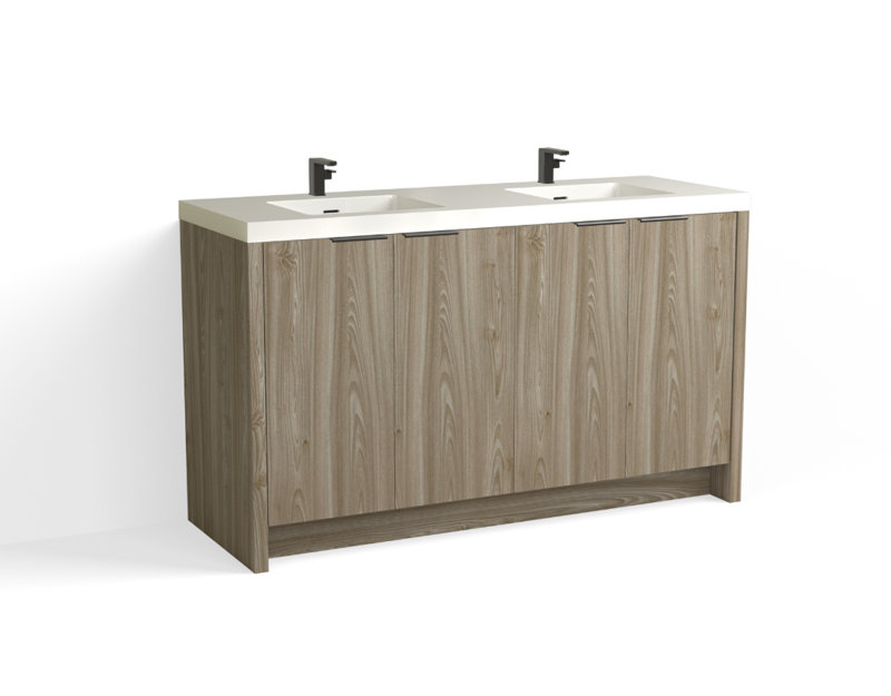 Mesa 60" W Freestanding Double Bathroom Vanity , White Gloss, White Nanomatte/Satin Brass, Single-Hole