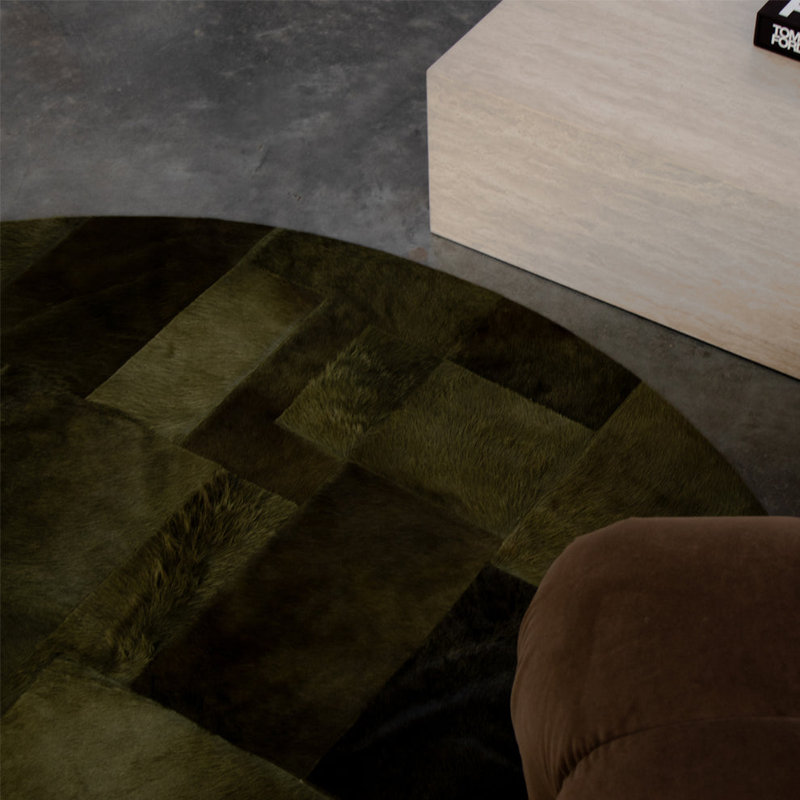 Art Hide X Sasha Biskoff Cowhide Geometric Area Rug in Green, Round 6'6"
