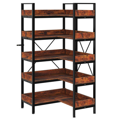65" Brown 5 Tier Bookshelf L Shaped Reversible Corner Bookcase Industrial Wooden Bookshelf with Open Shelves and Metal Frame
