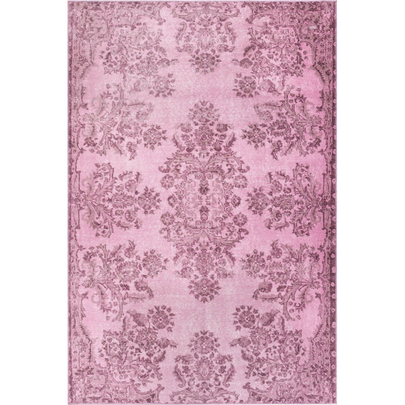 Tapis décoratif rose à motif tissé rétro, Rectangle 3 pi 10 po x 5 pi 3 po