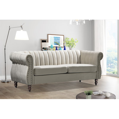 Canapé Chesterfield à accoudoirs roulés en velours 76,4 po Titus
