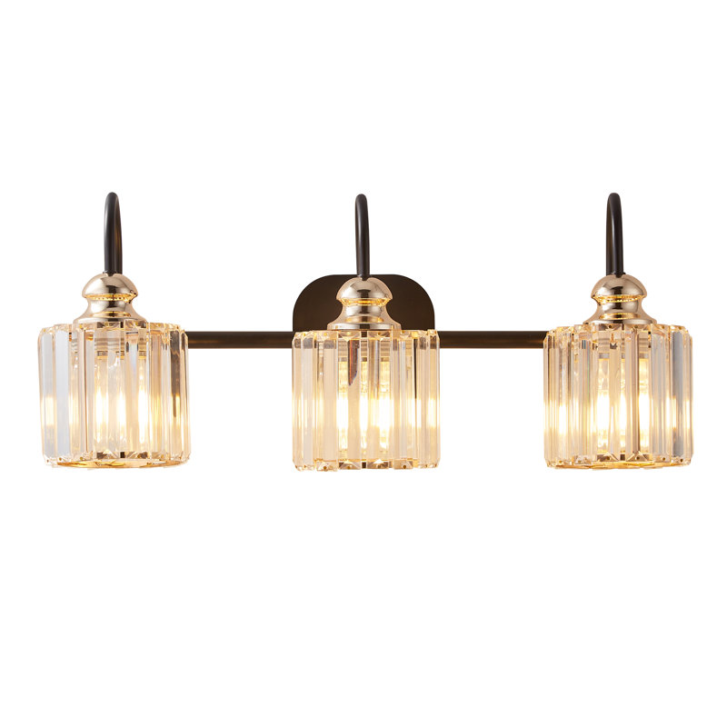 3-Light Bathroom Vanity Light with Fluted Crystal Glass Shades, Matte Black Bathroom Wall Light Fixture, 3