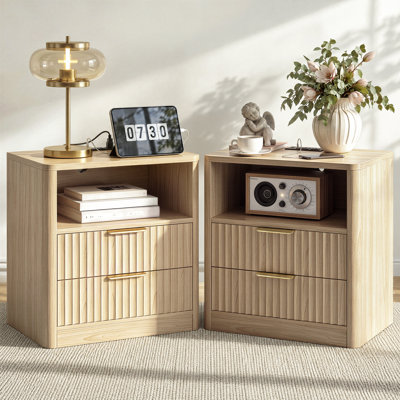 Night Stand With Charging Station, 2-drawer Fluted Bedside Table With Open Shelf, Storage Nightstand For Bedroom（Set of 2)