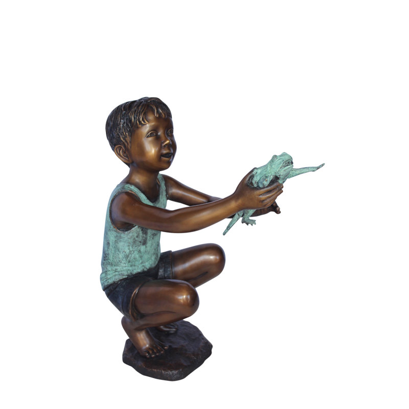 Euphoria Young boy holding a frog bronze statue fountain -  Size: 18"L x 10"W x 22"H.