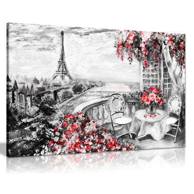 Abstract Floral Summer Cafe Paris Black & White Red - Wrapped Canvas Print