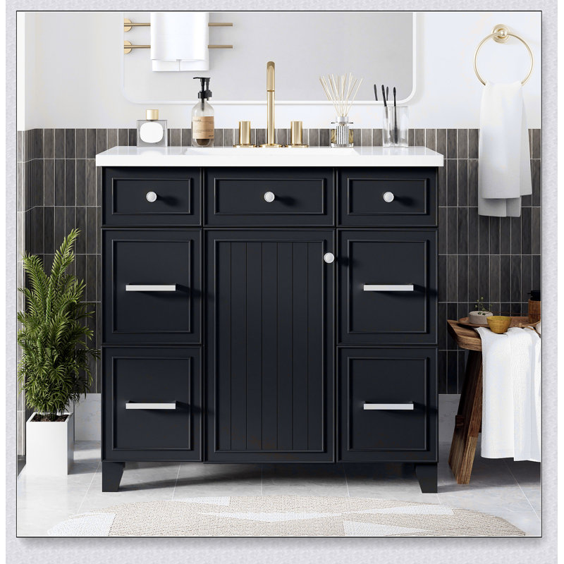 Ensemble de meuble-lavabo 36 po avec lavabo, lavabo simple, meuble-lavabo avec porte à fermeture douce et 3 tiroirs, Noir