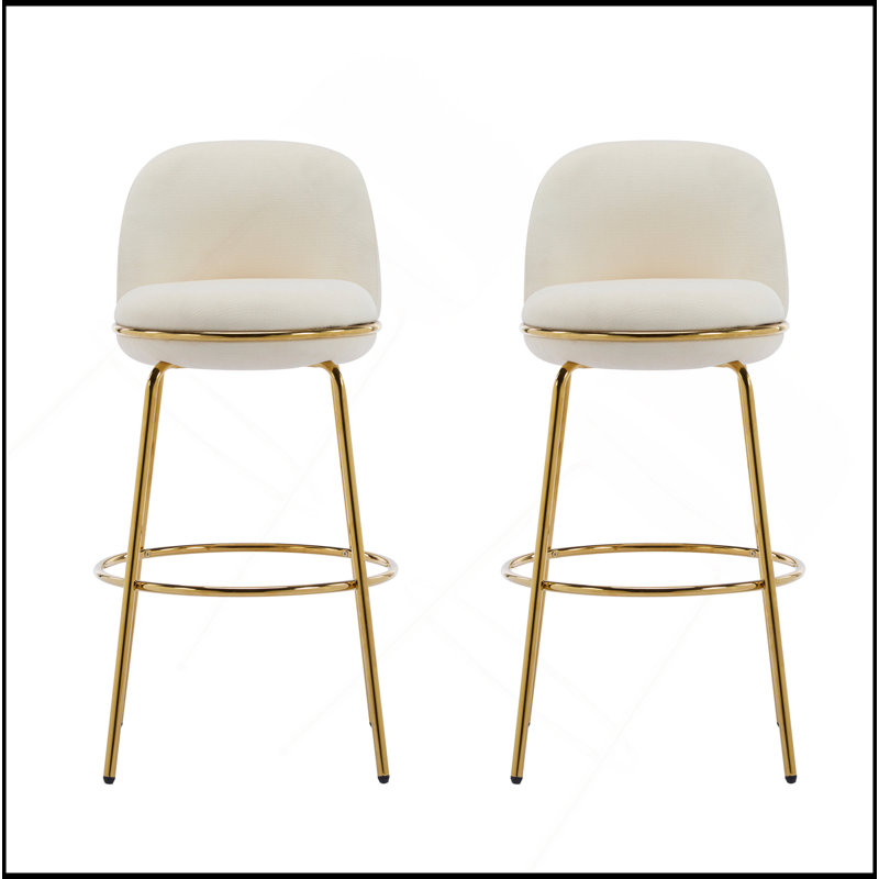 Indoor Metal Upholstered Barstool, Gold Finished Frame And Beige Upholstery, Set Of 2, Beige