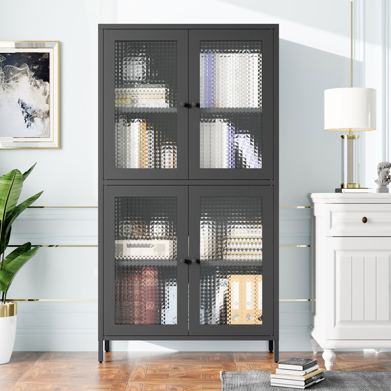 Black Metal Cabinet With 4 Glass Doors And Superior Quality For Office Classic Bookcase Tempered -