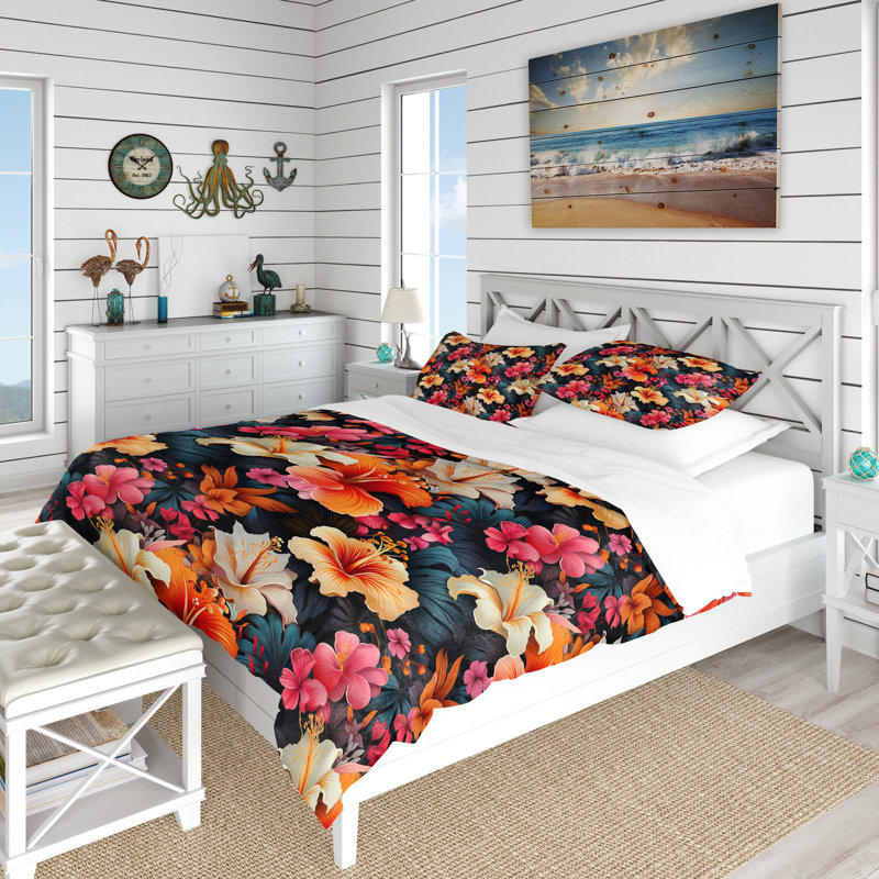 Ensemble de housse de couette Exotic Hibiscus Floral Oasis I, Housse de couette simple + 1 taie décorative stan