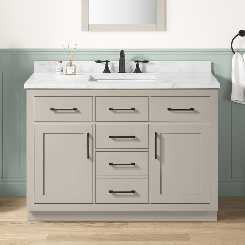 Ensemble de meuble-lavabo autoportant à simple cuve 48 po Athea avec plateau en marbre blanc Athea, quincaillerie noir mat