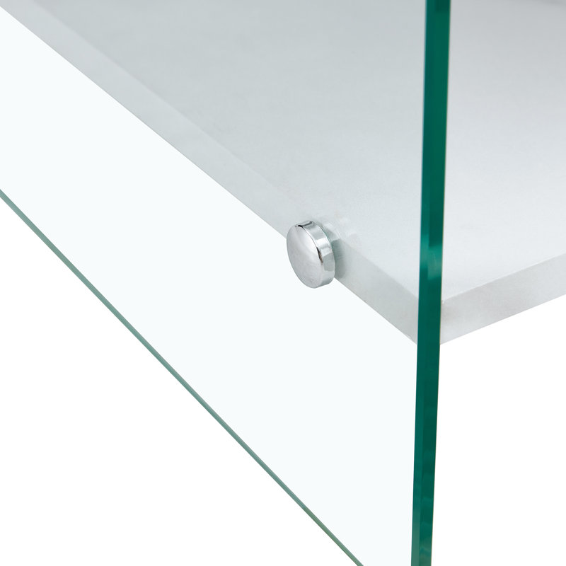 Bedside table with drawers: mdf top, transparent glass sides, simple elegant design, versatile storage solutions (109 characters)