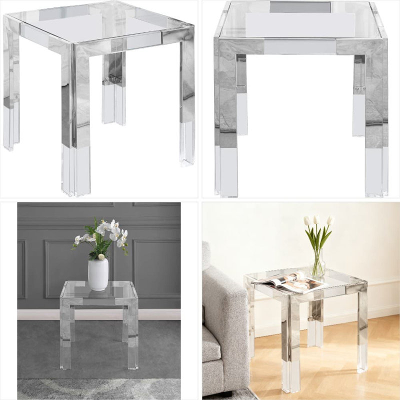 Table de bout moderne carrée avec plateau en verre trempé et base en acier inoxydable robuste pour salon contemporain
