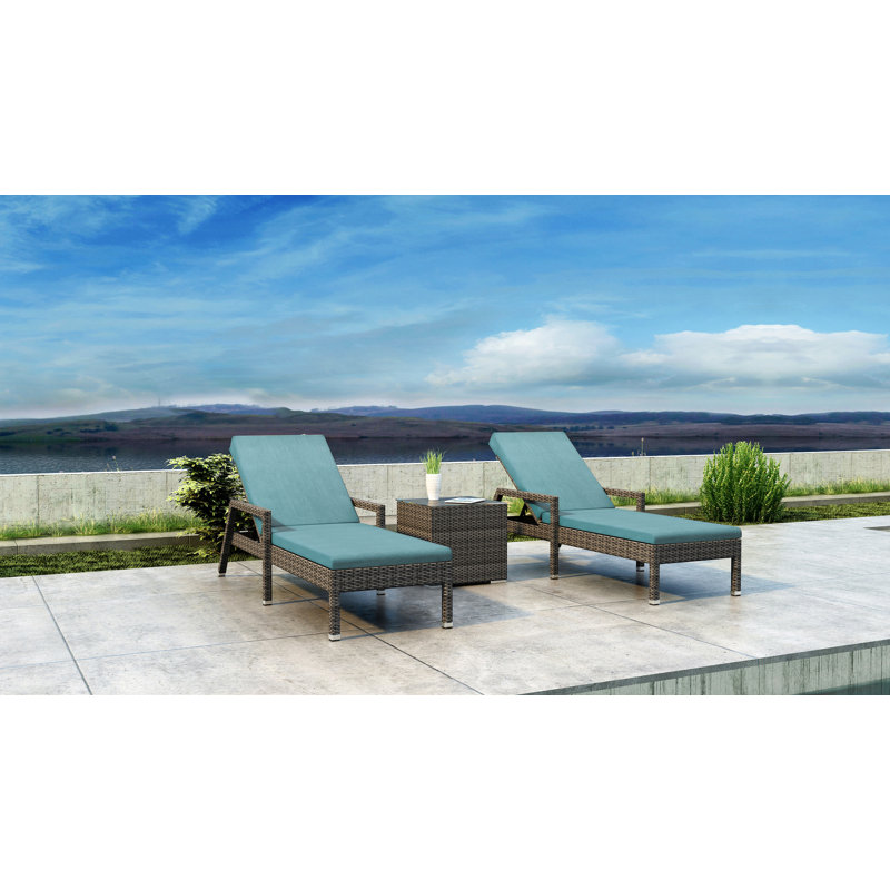 Thornaby Outdoor Wicker Chaise Lounge Set with Table , Cushion Included, Cast Lagoon Sunbrella® Plainweave, Textured Slate