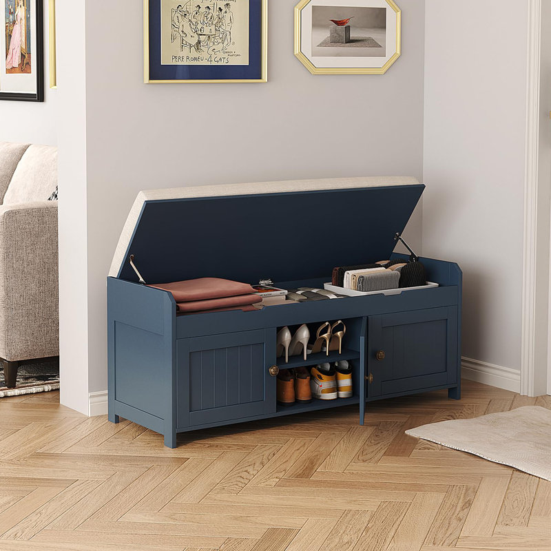 Polyester Upholstered Storage Bench, Blue