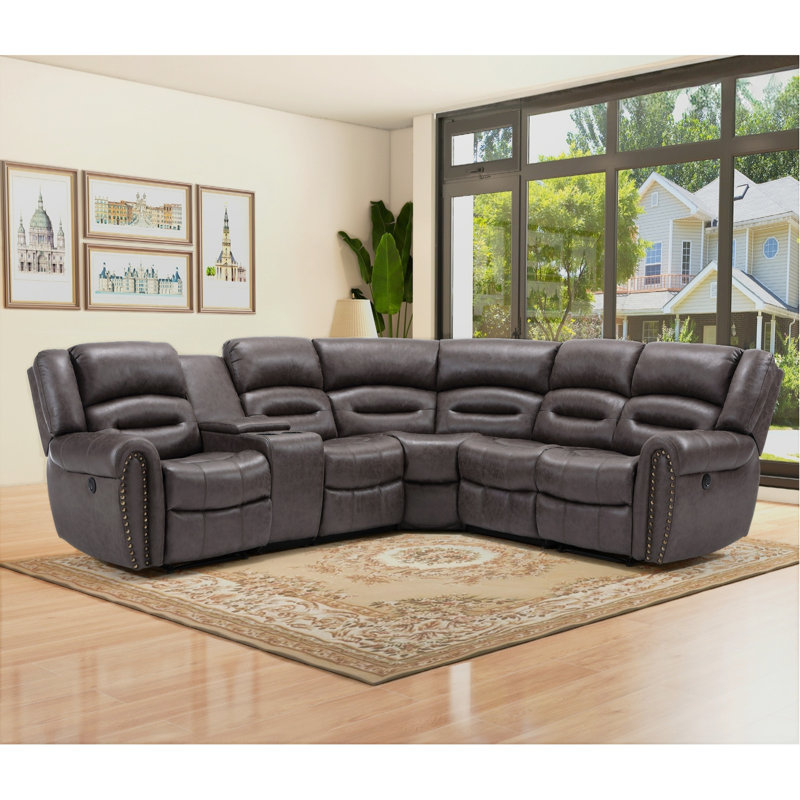 7-Piece 97.4" Wide Classic And Overstuffed Soft Faux Leather Power Reclining Corner Sectional With Center Console