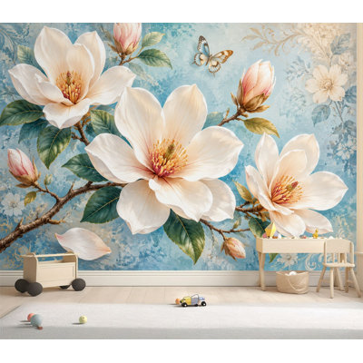 Papier peint adhésif autocollant Magnolias blanc rétro bleu auto-adhésif amovible pour décoration murale 69 po x l 96 po