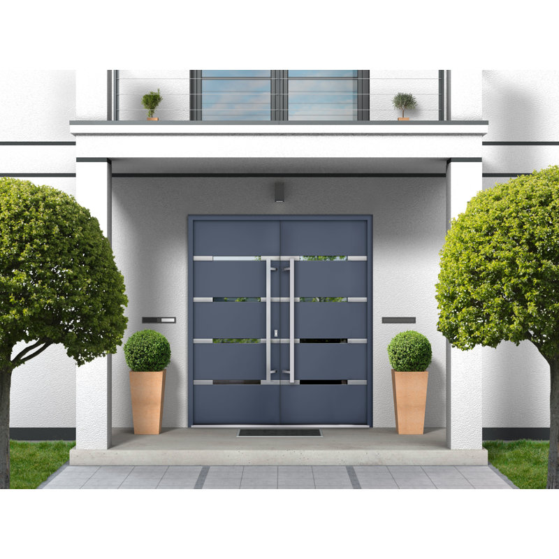 Façade avant extérieure en métal à deux portes doubles / deux portes en verre graphite gris graphite 1105 / entrée moderne à droite avec porte active 72 po x 80 po