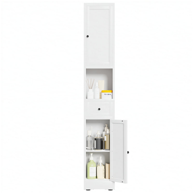 Armoire de rangement pour salle de bain de 71 pouces de hauteur, armoire étroite en métal à 5 niveaux avec 2 portes et tablettes réglables, armoire autoportante pour économiser de l'espace dans la cuisine, la salle de lavage, le garde-manger, blanc