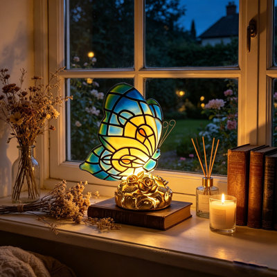 Lampe de table papillons en verre teinté avec base en résine et veilleuse de chevet rétro