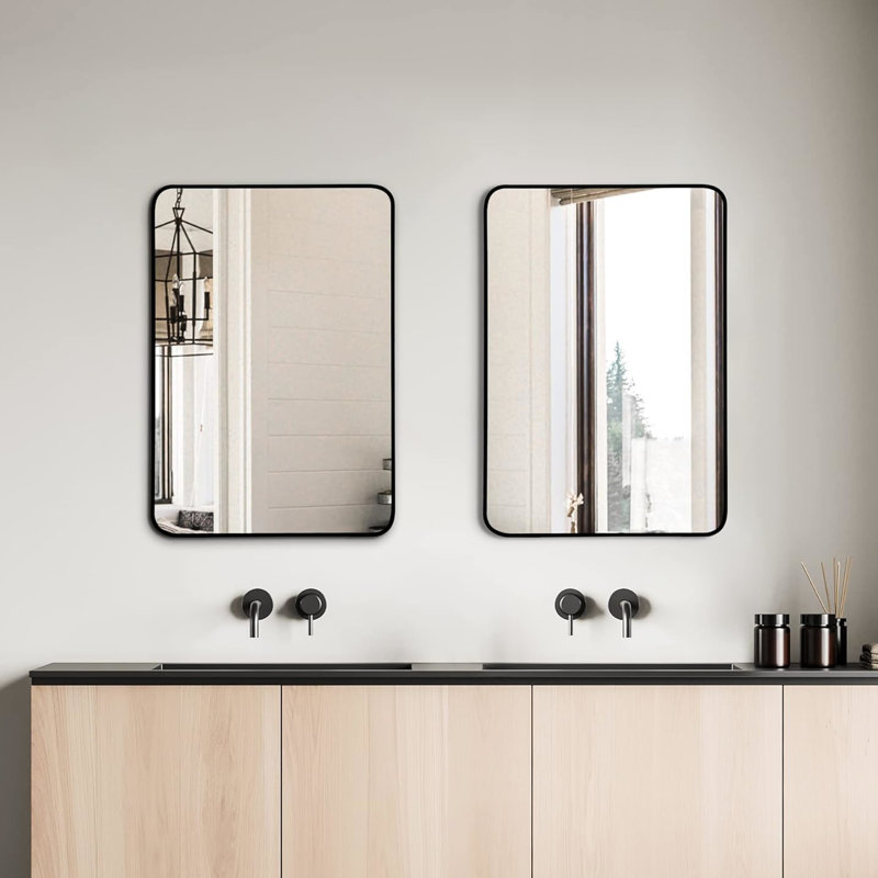 Miroir mural de salle de bain noir avec cadre en métal noir 24 x 32 pouces - Verre trempé de 4 mm de hauteur, aluminium rouille, conception incassable avec crochets de protection haute définition faciles à installer
