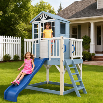 Maisonnette d'extérieur 9 en 1 avec glissoire, bac à sable, cuisine de jeu et tableau de croissance pour enfants