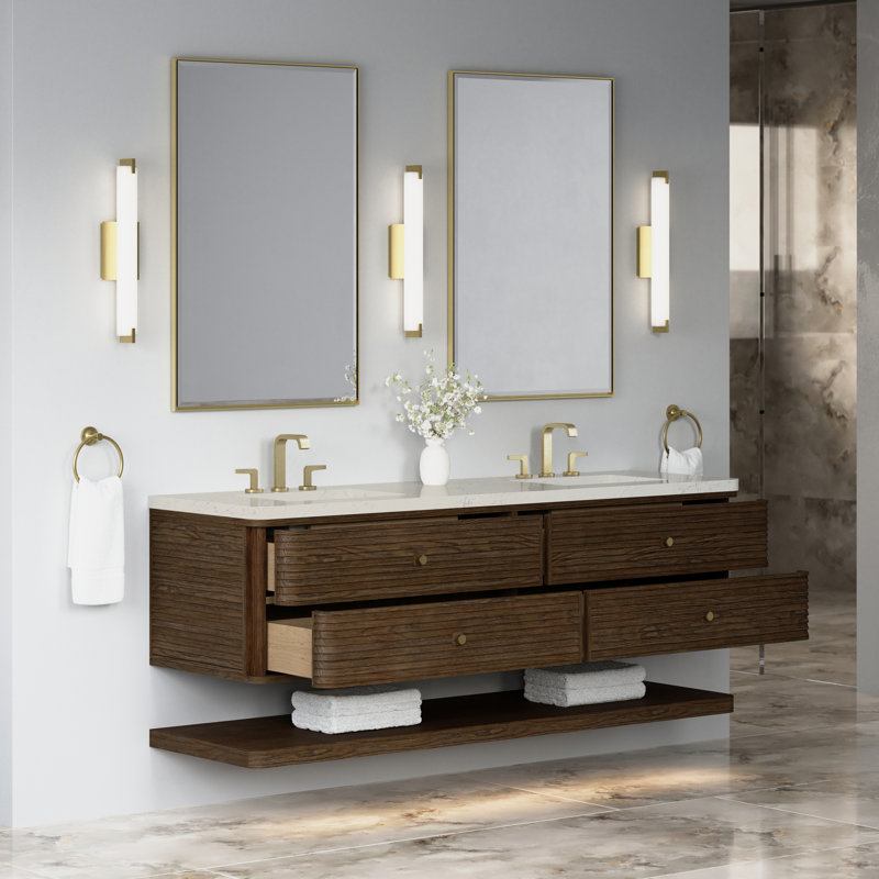 Allamari 72" W Double Vanity, 8" Widespread, Siberian Silestone, Sable Oak