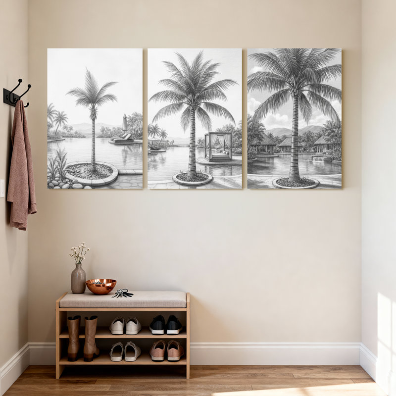 Palmiers, palmiers, reflets d'eau, paradis tropical, sérénité, ensemble de 3 impressions sur toile, H 18 po x l 36 po