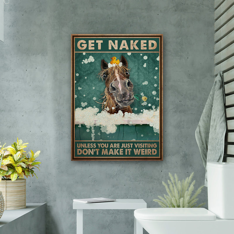 Cheval brun avec canard en caoutchouc sur la tête - Toile tendue avec une galerie - décor d'illustrations animales pour le bain et la lessive, décor de salle de bain brun et jaune