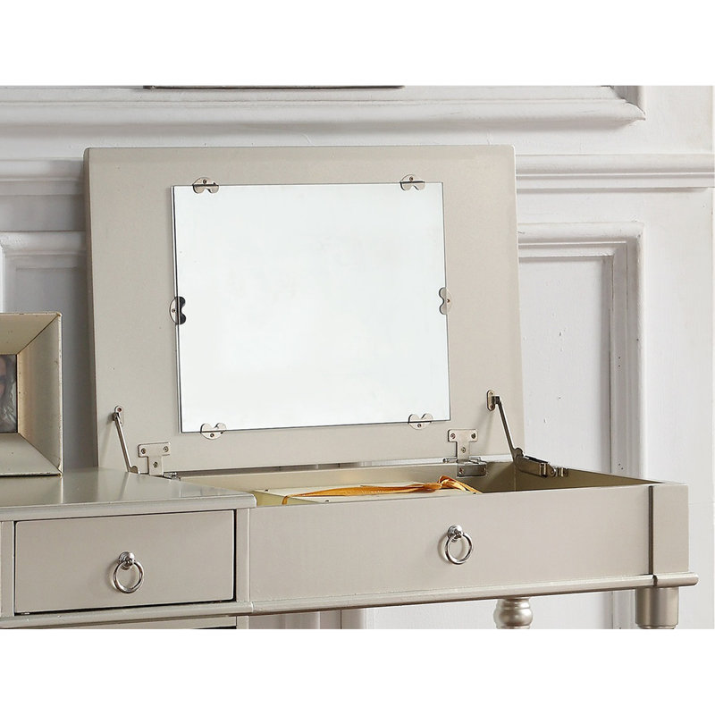 Ensemble de meuble-lavabo de chambre à coucher avec tabouret et tiroirs ouverts, Argent argent
