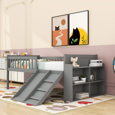 Twin Wooden Low Loft Bed with Shelves, Slide and Guardrail