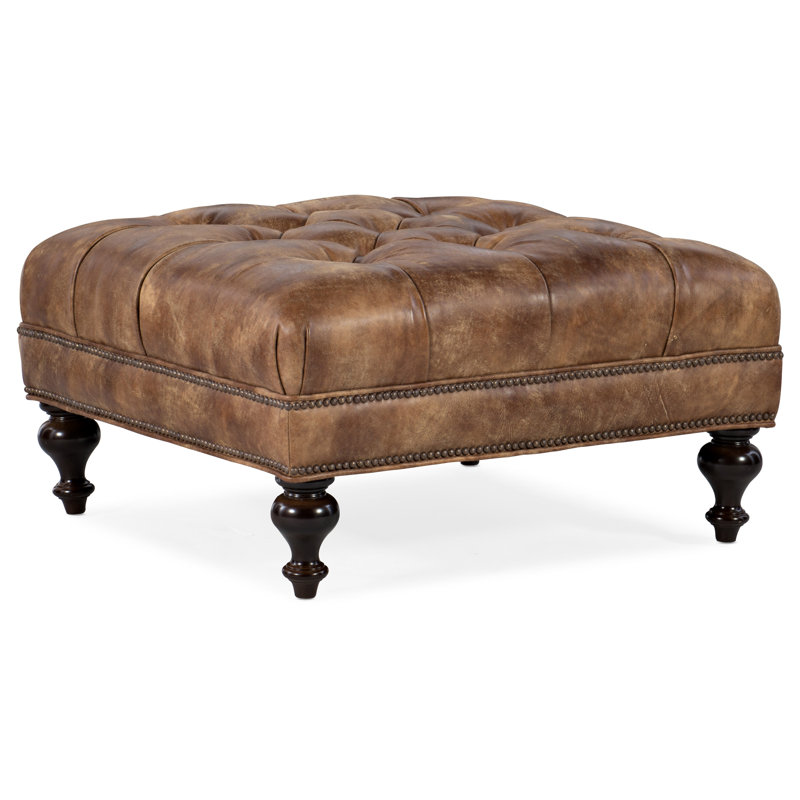 Fair-N-Square Upholstered Ottoman, No Nailhead, Mahogany, Aline Fumo Genuine Leather