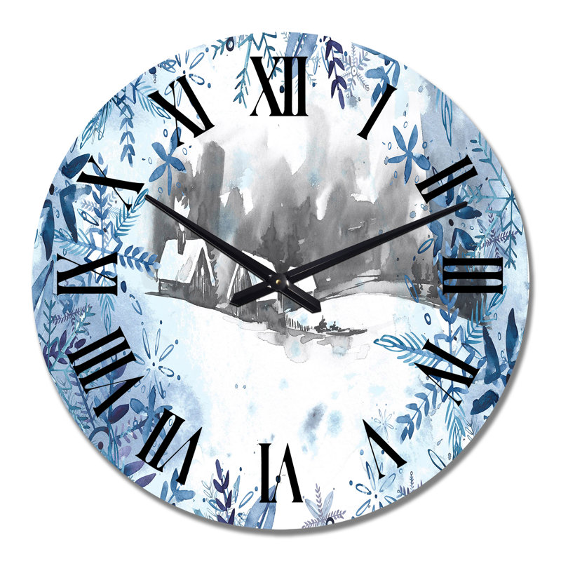 Paysage de Noël d'hiver en bleu, blanc et gris - Horloge murale traditionnelle, Grand