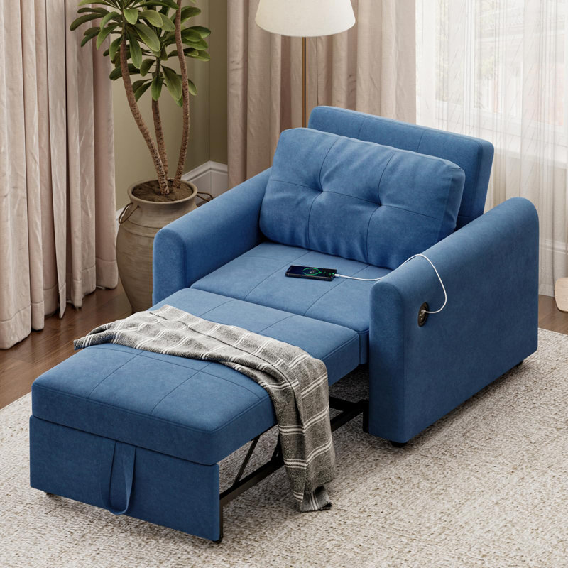 3 In 1 Accent Chairs Bed, Convertible Sleeper Chair Bed With Usb & Type-c Ports, Side Pocket, Pull Out Accent Chairs Bed Linen Armchair With Adjustable Backrest For Living Room/apartment/small Space