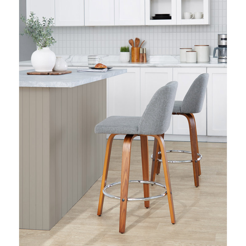 Thea 26" Fixed-Height Counter Stools with Bent Wood Legs & Round Footrest, Gray, Chrome