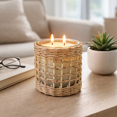 Decorative Jasmine Scented Candle with Woven Rattan Holder for Bedroom - Modern Accent Piece for Bookshelf, Coffee Table or Living Room - 4.5", Tan & Clear