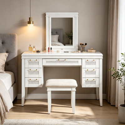 Meuble-lavabo 48 po avec miroir et lumières, coiffeuse de maquillage avec 7 tiroirs et tabouret rembourré, coiffeuse avec tiroir à conception creuse pour la chambre à coucher, pieds en bois d'hévéa, beige clair