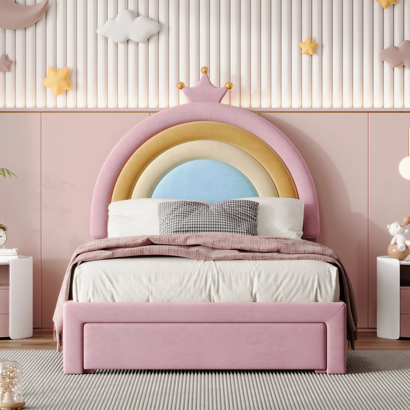 Lit simple tapissier arc-en-ciel, lit plateforme en velours avec tiroir de rangement, aucun sommier nécessaire, coloré et rose