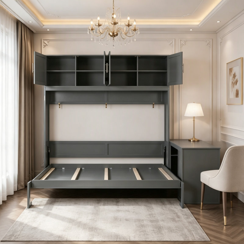 Lit escamotable mural Queen avec bureau, étagères et armoires, Gris