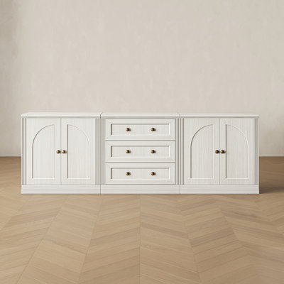 Buffet modulaire moderne Monos Eduarda avec portes à charnières et meuble bas central à tiroir, blanc
