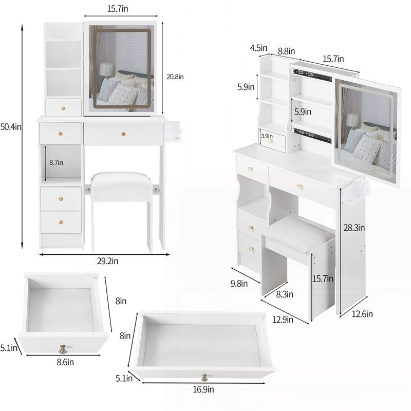 29.2" Small Size Desktop LED Light Vanity Table and Cushioned Stool, White