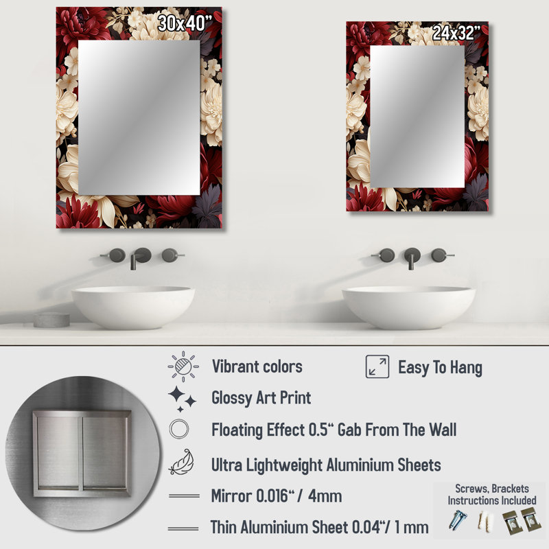 Renaissance Red Peonies Botanical Pattern - Floral Mirror Wall Decor, 32" x 24"
